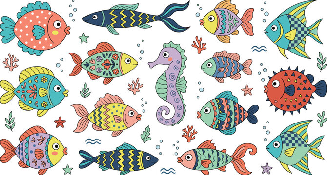 Collection of cute cartoon tropical fish and seahorse vector illustrations with folk art patterns and geometric details isolated on white background