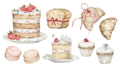 Watercolor pastry set, cake with frosting and strawberrys, macarons, croissant, cherry cupcake, bread with seeds, cake slice. Sweet birthday party food © Kate K.