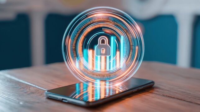Digital phone security concept with holographic lock icon and data chart display above mobile device on wooden table in modern office environment