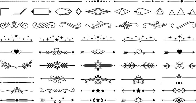 Divider and text separator icon set in a minimalist black style including swirls, floral ornaments, arrows, stars and geometric border elements.