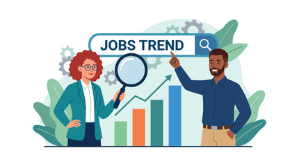 Naklejka premium Man and woman analyzing jobs trend with magnifying glass and rising bar chart. Perfect for labor market, employment growth, and career statistics.