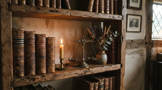 Vintage Leather Bound Books with Candle and Scale on Wooden Shelf