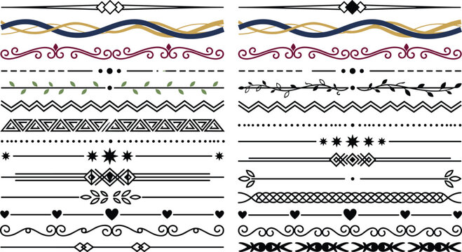 Collection of decorative text dividers and vector page borders including vintage swirls geometric rules floral branches stars and tribal patterns isolated on white background