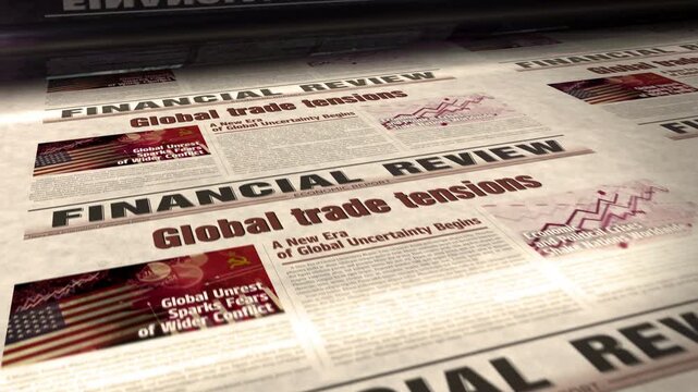 Global trade tensions daily news newspaper roll printing. Abstract concept retro headlines 3d seamless looped.
