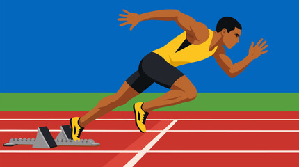 Obraz premium Dynamic male sprinter launching explosively from starting blocks on bold red running track, powerful athletic acceleration captured in vibrant flat vector illustration style with striking blue sky