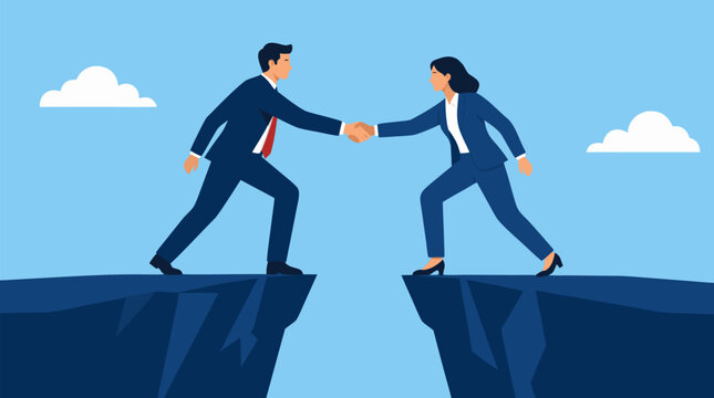 Determined business partners bridging dangerous cliff gap with firm handshake, bold metaphor for corporate merger trust and risky collaboration in clean flat vector illustration with dramatic blue sky