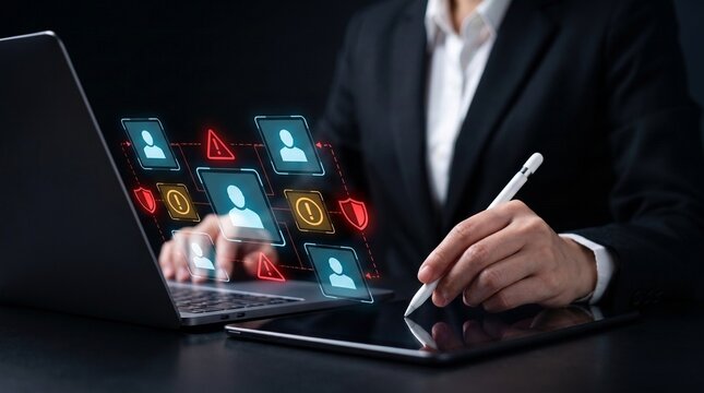 user identity security and digital account protection featuring real-time threat warning alerts. professional cybersecurity interface displaying risk detection, suspicious activity monitoring.