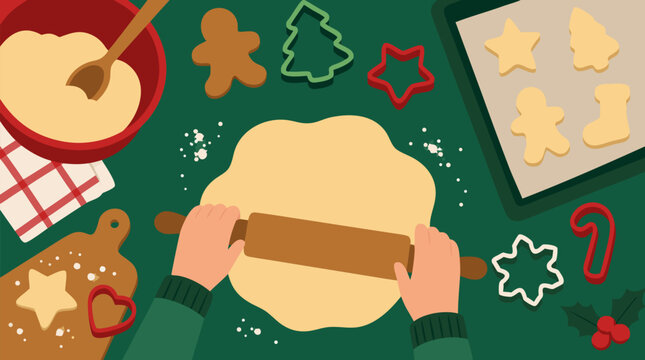 Festive top down view of holiday baking preparation with hands rolling dough using wooden pin surrounded by Christmas cookie cutters gingerbread shapes bowl of batter flour stars trees on green table