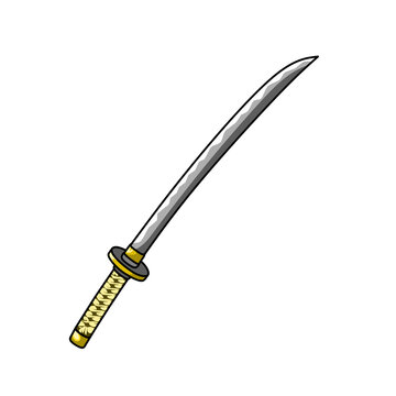 hand drawn yellow handle katana line art vector illustration