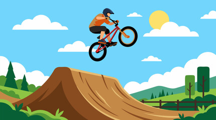 Obraz premium Daring BMX rider launching high above dirt ramp under brilliant blue sky with fluffy clouds, dynamic extreme sports action in scenic countryside landscape, bold flat vector illustration style