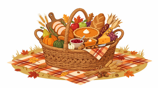 Autumn harvest picnic basket with pumpkin pie and bread, Thanksgiving food hamper on plaid blanket, fall seasonal feast vector illustration