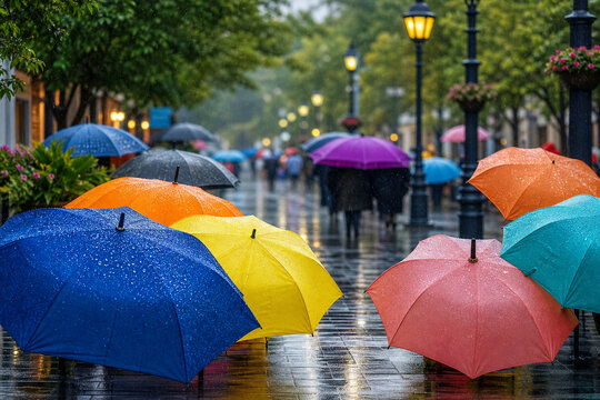 Colorful umbrellas on rainy monsoon city street
