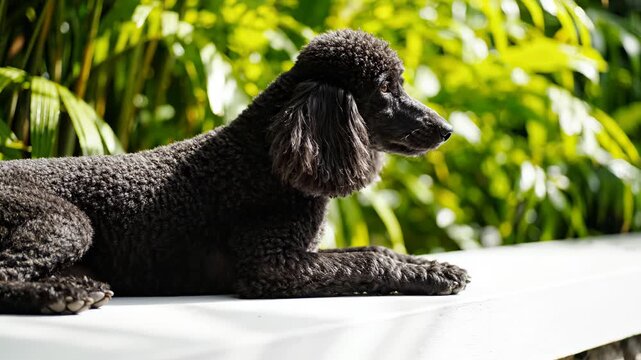 Black Poodle Resting on White Surface in Sunlit Garden