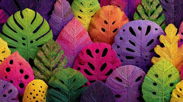 Vivid crocheted leaves pattern in rainbow hues create a whimsical and textural botanical scene