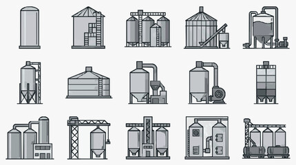 Sleek Collection of Modern Industrial Equipment and Storage Silos in Minimalist Gray and White Line Art © Pahmi