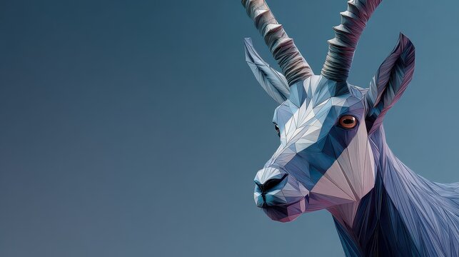 3D Polygonal Illustration of a Horned Animal in Blue Tones