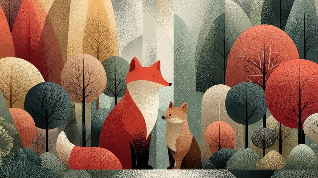 Artistic illustration of foxes in a serene forest landscape