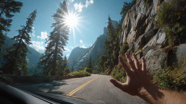 Driving through a scenic mountain pass with a hand reaching out the window