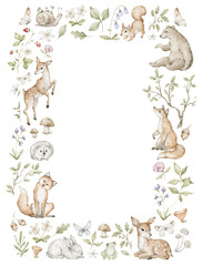 Naklejka premium Watercolor frame with wild forest animals and nature elements. Deer, Bear, fox, hare, rabbit, hedgehog, mushrooms, flowers, leaves, oak branch. Woodland card template