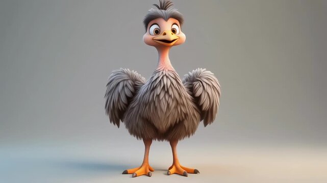Adorable cartoon dodo bird standing with a neutral expression in a studio with soft lighting and copy space