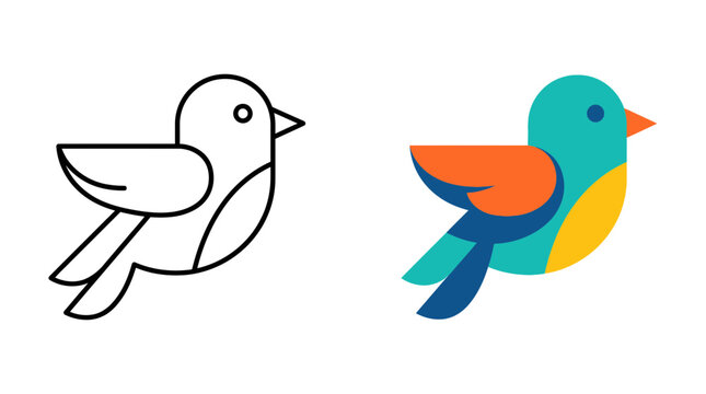 A side by side comparison of a simple line art bird and a colorful flat vector illustration.