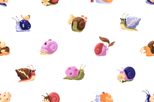 Repeatable pattern of cute, funny snails with various emotions. Endless background of different kawaii slugs with ornamented shell houses and happy and sad faces. Flat seamless vector illustration