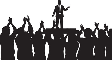 Fototapeta premium Businessman leader silhouette, standing on platform, crowd following, black icon, leadership concept, teamwork vector