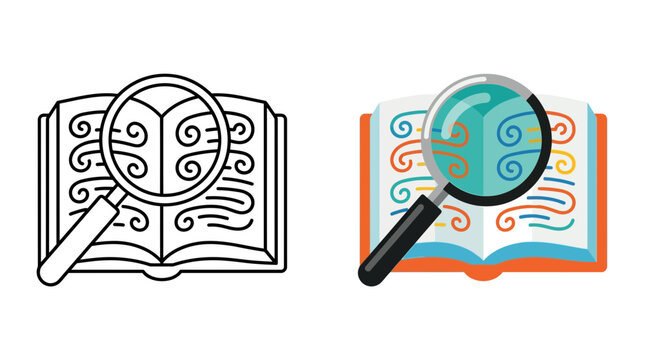 Two versions of an open book with a magnifying glass icon.