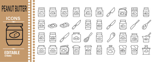 Naklejka premium Peanut Butter Food Preparation Thin Line Icons