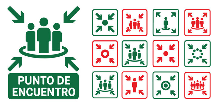 Assembly point safety sign collection, green and red meeting point icons, emergency evacuation symbols set, punto de encuentro vector graphics