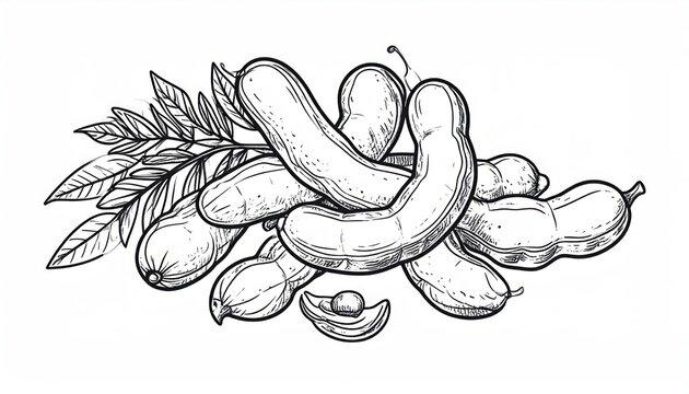 Hand drawn tamarind pods and leaves line art illustration.