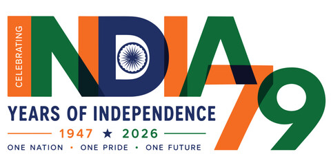 India 79 years of independence celebration logo, national tricolor typography for 2026 anniversary, patriotic Indian flag colors vector emblem © naina g 786