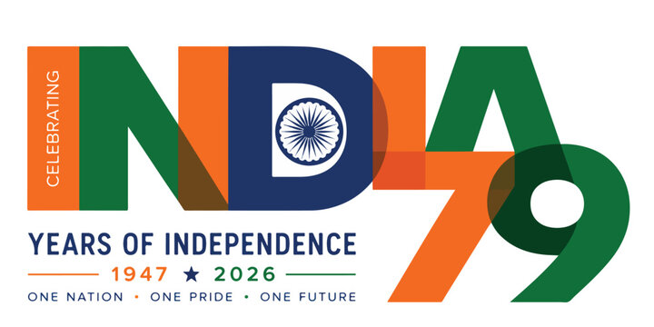 India 79 years of independence celebration typography, national flag colors with Ashoka Chakra, commemorative 1947 to 2026 anniversary vector