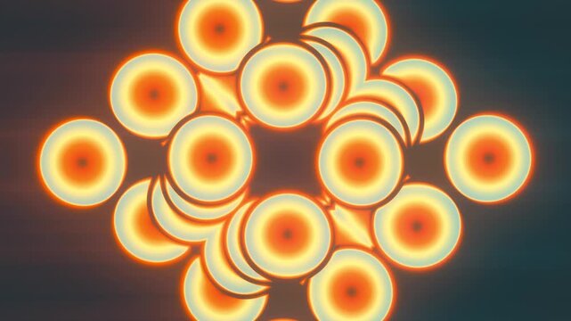 Abstract 4K seamless background with neon orange circles. Geometric 3D pattern smoothly pulses on a dark backdrop. Ideal for VJ loops, presentations, and stylish digital motion design