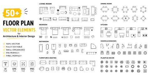 Floor plan vector elements for architecture and interior design, 50 plus furniture icons for house layout, top view blueprint symbols set © naina g 786