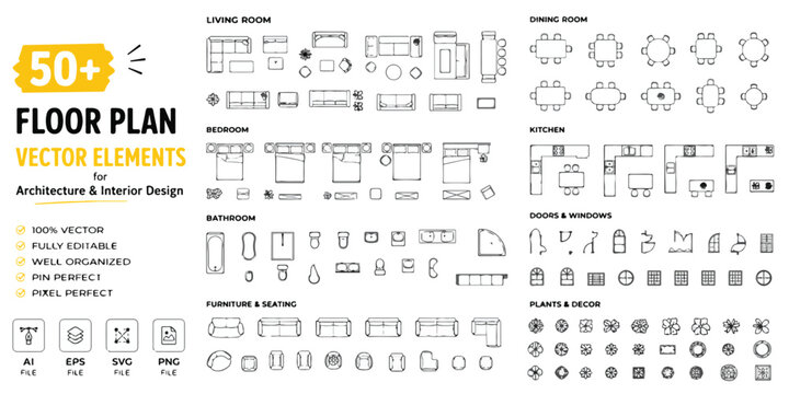 Floor plan vector elements for architecture and interior design, 50 plus furniture icons for house layout, top view blueprint symbols set