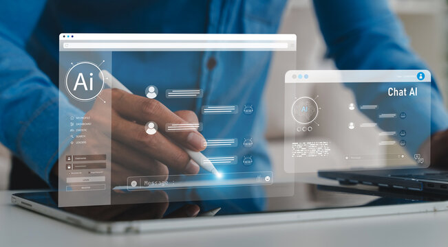 Ai technology concept with artificial intelligence chatbot and generative smart system, robotic, deep learning network, digital assistant, machine learning, algorithm, innovation and data processing