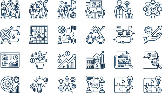 Business Strategy and Corporate Planning Icon Set Vector Line Illustration with Leadership Marketing Analytics Startup Growth and Teamwork SymbolsBusiness Strategy and Corporate Planning Icon Set Vect