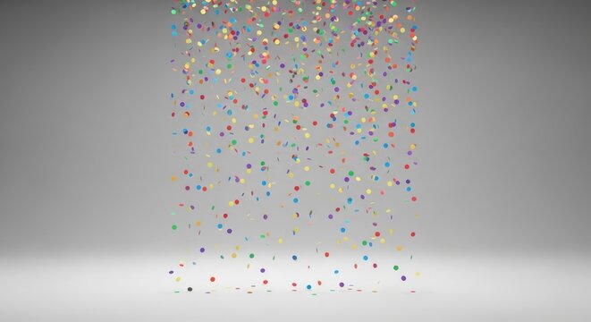 Confetti falls in air against gray background with white floor