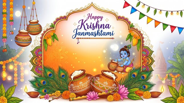 Happy Janmashtami festival poster template design with dahi handi and peacock feather