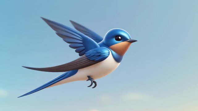 Barn swallow in flight during a clear day with gentle wing movement against a soft blue sky