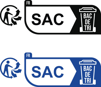 SAC France Triman recycling label for plastic bag packaging, guiding consumers to place used sacks into correct sorting bin for waste recycling