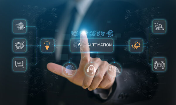Ai automation technology with digital artificial intelligence, machine learning, robotic, workflow optimization, data analytics, erp software, rpa, data science, big data analytics and chatbot