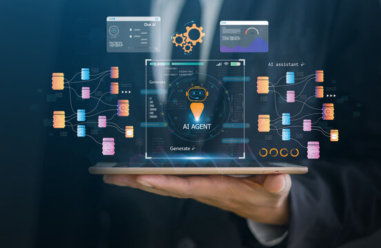 Ai agent system, future of AI automation in enterprise, people with artificial intelligence innovation, data analytics and development, smart technology, digital transformation and business automation