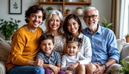 Obraz premium The image depicts a happy multigenerational family sitting closely together on a neutral toned sofa in a cozy, well lit living room