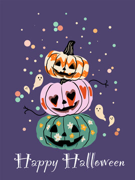 Happy Halloween poster with colorful stacked jack o lantern pumpkins and cute ghosts