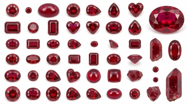 Large collection of red ruby and garnet gemstones in various cuts and shapes isolated on white background