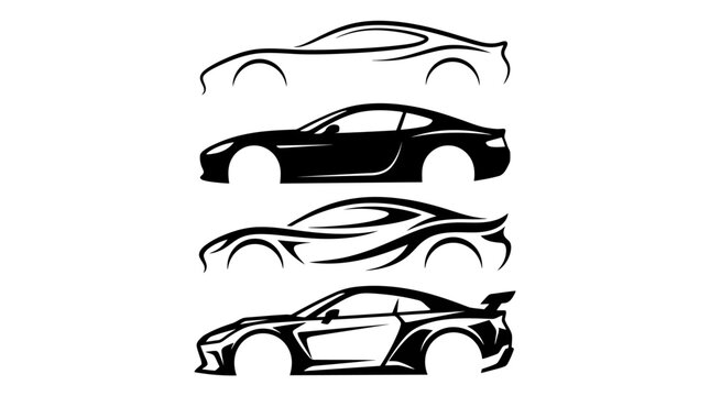 Set of abstract sport car silhouettes and line art designs.