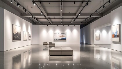 Obraz premium Sleek Art Gallery Interior with Modern Lighting and Polished Floors.