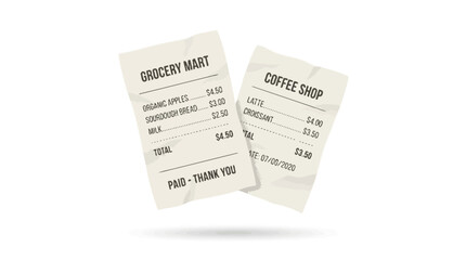Fototapeta premium Two realistic paper receipts from grocery mart and coffee shop isolated on white background